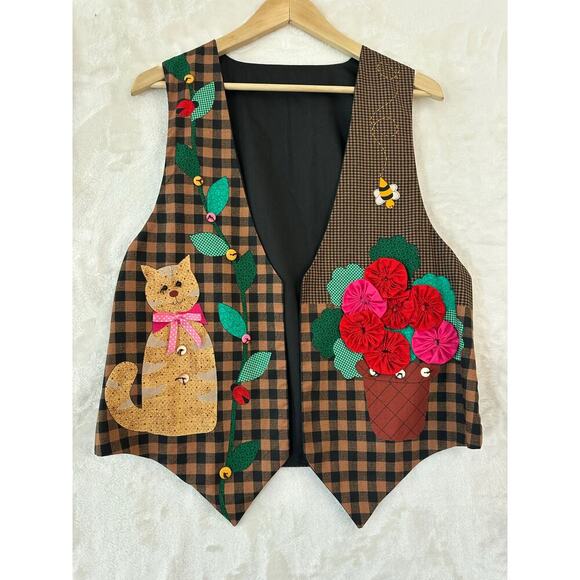 Handmade Cat Checked Plant Vest M L Texture Boho Festival Art - Picture 1 of 9